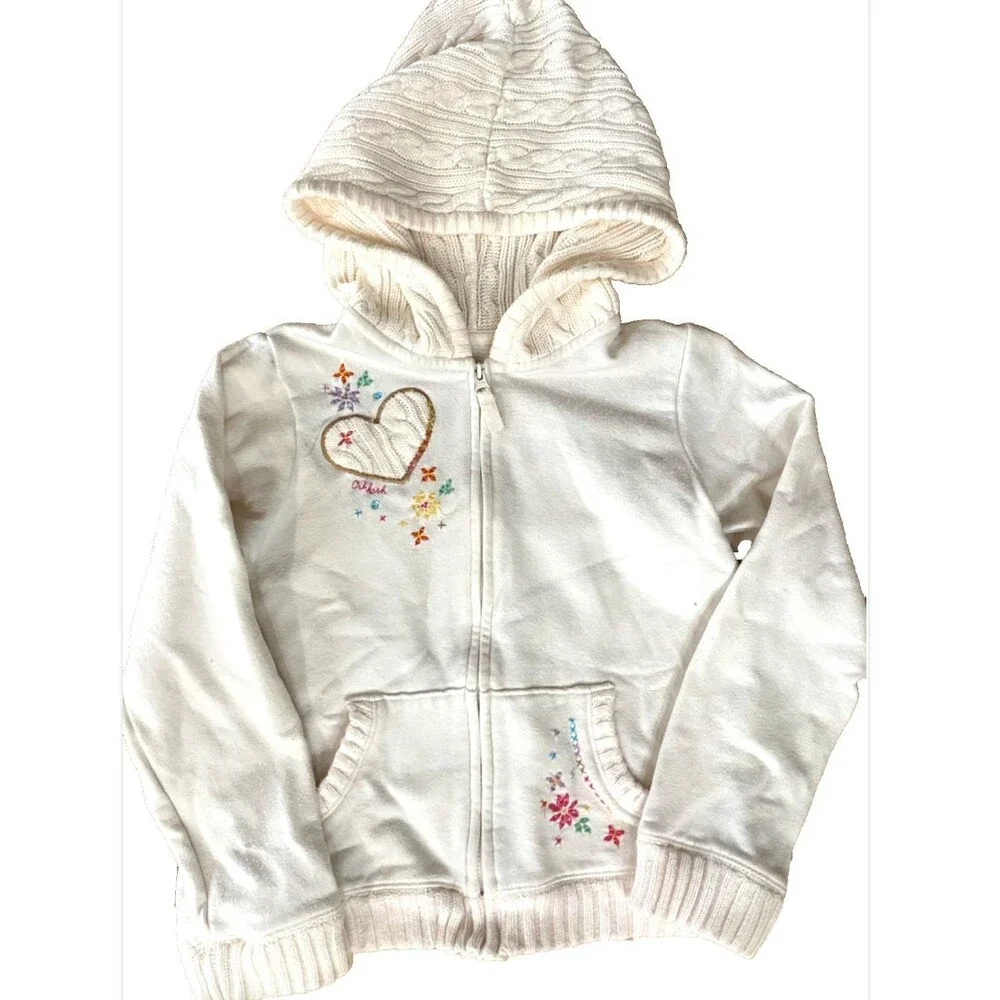 OshKosh B'gosh Girls 6X Hoodie White Zip Jacket Embroidered Floral Heart Cottage